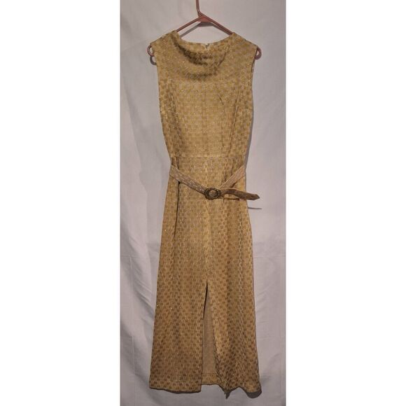 Vintage 1960's Gold Metallic Checkered Geometric Maxi Dress w/ Belt Size 14 - Picture 1 of 7